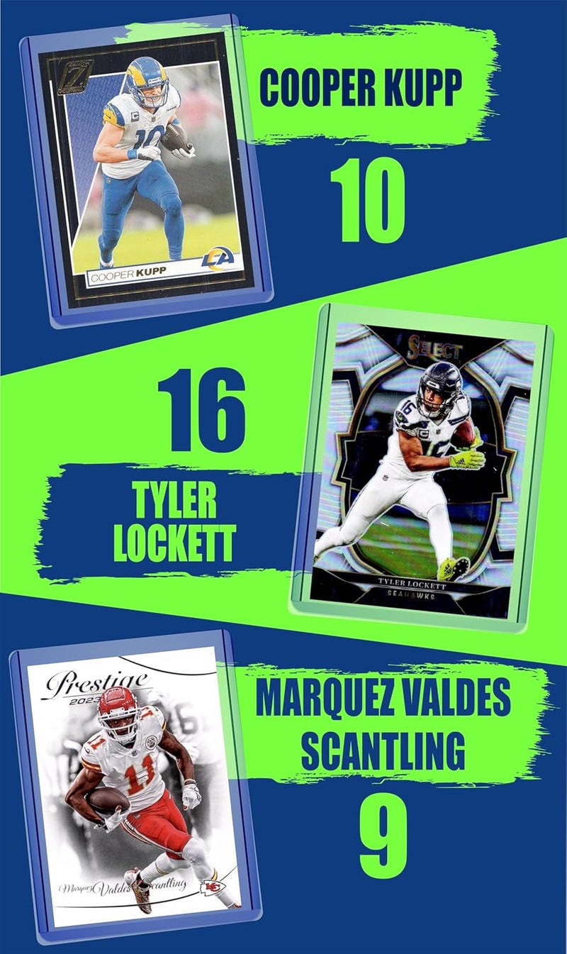 Chaser Seattle Seahawks Cards: Sam Darnold, Kenneth Walker III, Jaxon Smith-Njigba, Tyler Lockett, Cooper Kupp, Marquez Valdes-Scantling, Shaun Alexander, and Russell Wilson ASSORTED Football Stars & GOATs Trading Card & Wristbands Gift Pack - Image 3